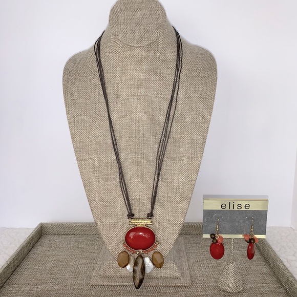 Fashion Statement Jewelry Set With Red & Brown Resin Stone By Elise NWT - Picture 2 of 7